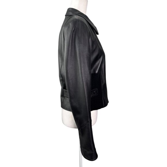 WORTH Classic Moto Leather Jacket Snap Front Knit Sides Flared Sleeve Size 10 - Picture 6 of 9